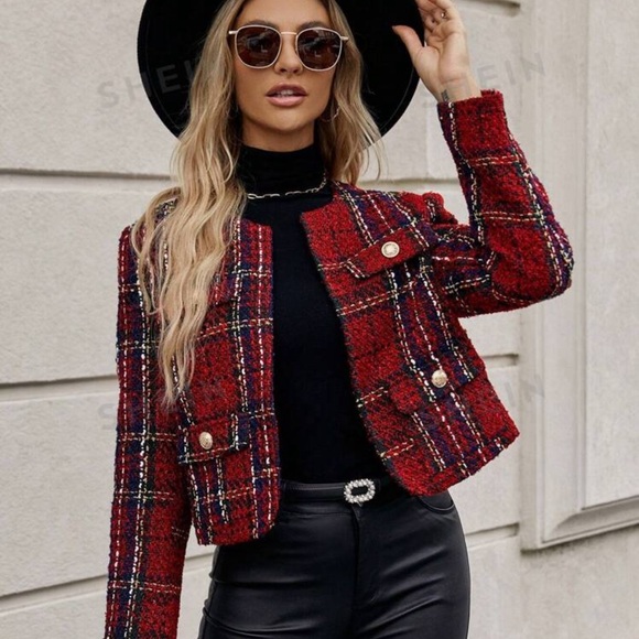 Clasi Autumn Casual Plaid Cropped Woolen Jacket - Picture 2 of 5